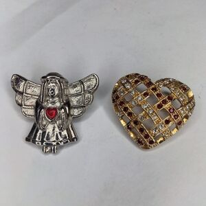 Silver Toned Angel Brooch with Red Heart & Gold Lattice Heart Pin